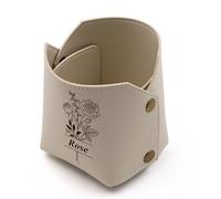 BBGDP Personalized Leather Pen Holder with Birth Flower & Name, Foldable Desk Organizer Box, Custom Gift for Birthday & Graduation(Beige)