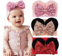 BBGifts 3PCS Baby Girl Mouse Ears Headbands with Sequin Bow, 4.5inches Wide Nylon Turban Hairband, Theme Park Headwear, Hair Bow Headband for Toddler, Kids, Party Supplies