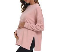 BBHoping Women's Maternity Shirts Casual Split Side Pregnancy Clothes Long Sleeve Round Neck Loose Maternity Tops, Dusty Pink, XL