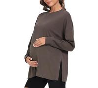 BBHoping Women's Maternity Shirts Casual Split Side Pregnancy Clothes Long Sleeve Round Neck Loose Maternity Tops, Grey, M