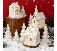 Bbiamsleep 9 Pcs Christmas Mini Village Sets White Resin Miniature Village Houses Trees Figurines Christmas Miniature Houses for Home Xmas Winter Decor