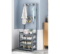BBioss Coat Stand Rack Shoe Bench with 4 Tier Freestanding 3 In 1 Design Mudroom Storage Furniture Double Hooks for Hallway Exquisite Clothes Rail in Grey Entryway niz