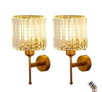 BBioss Modern Gold Crystal Wall Sconces Battery Operated Set of 2, Not Hard Wired Dimmable Bedside Lights, USB Rechargeable Clear Glass Lamp for Bathroom Bedroom Vanity Light Li