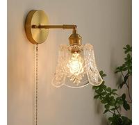 BBioss Retro Wall Lamp Transparent FlowerPattern Glass Lampshade | Brass Finish Sconces Lighting with Pull Switch Modern Mount Light Fixtures for Bedside Bedroom Doorway Decor