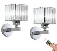 BBioss Small Chrome Wireless Wall Sconce Battery Operated Lights set of 2, Silver Cordless Dimmable Crystal Lamps, Rechargeable Powered for Bathroom Bedroom