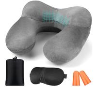BBjinronjy Travel Pillow, Inflatable Neck Pillow for Airplane with Ear Plugs, Soft Velvet Ergonomic Neck Support Travel Pillow Inflatable for Office, Airplane, Car, Travel, Camping, Nap Pillow (Gray)