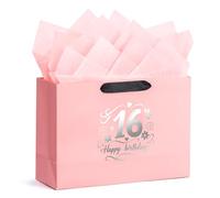 BBLIKE 16th Birthday Gift Bags - Elegant Pink Paper Bag with 2 Wrapping Papers & 1 Greeting Card, Reusable Happy Birthday Gift Bag for Female Anniversary Party Favors - Stylish Gift Wrapping for Her
