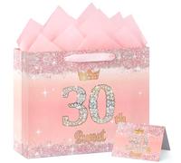BBLIKE 30th Birthday Gift Bag - Pink Happy Birthday Present Bag for Women, With 2 Wrapping Papers 1 Card, Elegant Anniversary Decorations Party Supplies Shopping Paper Bags