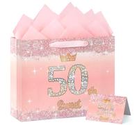 BBLIKE 50th Birthday Gift Bag - Pink Happy Birthday Present Bag for Women, With 2 Wrapping Papers 1 Card, Elegant Anniversary Decorations Party Supplies Shopping Paper Bags