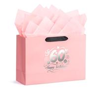 BBLIKE 60th Birthday Gift Bags - Elegant Pink Paper Bag with 2 Wrapping Papers & 1 Greeting Card, Reusable Happy Birthday Gift Bag for Female Anniversary Party Favors - Stylish Gift Wrapping for Her
