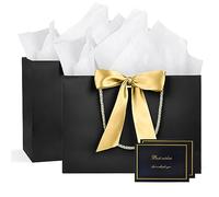 BBLIKE Medium Gift Bags for Present - 2 Pcs Birthday Gift Bag with 4 Wrappers and 2 Cards, Luxury Paper Bags with Handles for Girls Women Wedding Party Christmas Valentines Bridesmaid (Black Gold)