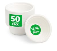 BBliss 12oz (340ml) Compostable Bowls - 50 Pack | Eco-Friendly Heavy-Duty Sugarcane Bagasse | Biodegradable & Food Safe | Disposable Serving Bowls for Soup, Nuts, Dessert, Salad, Snack, Ice Cream