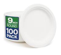 BBliss 9 Inch White Biodegradable Disposable Plates - 100 Pack Heavy Duty Eco Friendly Sugarcane Bagasse Paper - BPA Free, Microwave & Freezer Safe Party Plates for Weddings, Picnics, BBQ, Camping
