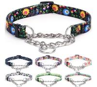 Bbmmayy Martingale Collar, Training Dog Collar, Stainless Steel Chain Pet Collar for No Pull Dog Walking Flowers Design Large Medium Small Dogs (S, Black)