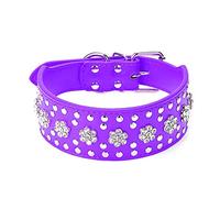 Bbmmayy Rhinestones Dog Collars Flower Pattern Rhinestone Studded Leather Sparkly Crystal Diamonds Dazzling Sparkling Elegant Fancy PU Leather Dog Collar for Medium & Large Dogs (L, Purple)
