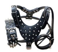 Bbmmayy Spiked Leather Dog Harness and Collar Set for Large Breeds, Bull Terriers, Labradors, Dobermans, Durable Leather Harness with Metal Studs and Matching Leash (Black Spikes,