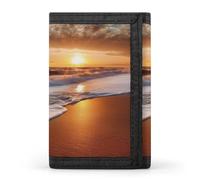 BBNMSJKS Abstract Music Themed Print Trifold Wallet with ID Window & Key Ring | Slim Front Pocket Wallet with 8 Card Holder, Beach Sunrise White Wave, One size, Modern