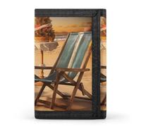 BBNMSJKS Abstract Music Themed Print Trifold Wallet with ID Window & Key Ring | Slim Front Pocket Wallet with 8 Card Holder, Beach Chair Scenes, One size, Modern