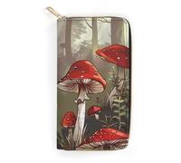 BBNMSJKS Beaver Cartoon Print Long Wallet for Women Men PU Leather Card Holder Organizer with Zipper Coin Pocket & Cash Slots, Red Mushrooms, 19.7x10.5cm, Modern