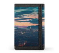 BBNMSJKS Black And Blue Dragonfly Print Trifold Wallet with ID Window & Key Ring | Slim Front Pocket Wallet with 8 Card Holder, Cityscape Dusk, One size, Modern