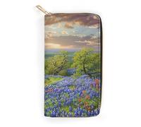 BBNMSJKS Black Music Notes Print Long Wallet for Women Men PU Leather Card Holder Organizer with Zipper Coin Pocket & Cash Slots, Texas Bluebonnets Scenery, 19.7x10.5cm, Modern