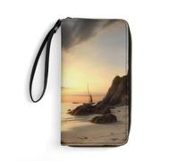 BBNMSJKS Bunny Rabbit Print PU Leather Wristlet Wallet Slim Card Holder Organizer with Zipper Coin Pocket & Cash Slots for Women Men, Calm Coastal Scene, 19.7x10.5cm, Modern