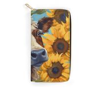 BBNMSJKS Cute Guinea Pig Print Long Wallet for Women Men PU Leather Card Holder Organizer with Zipper Coin Pocket & Cash Slots, Cow With Sunflowers in Blue, 19.7x10.5cm, Modern