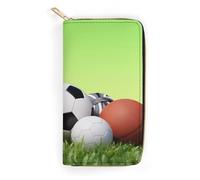 BBNMSJKS Eyelash Print Long Wallet for Women Men PU Leather Card Holder Organizer with Zipper Coin Pocket & Cash Slots, Sports Balls on the Grass, 19.7x10.5cm, Modern