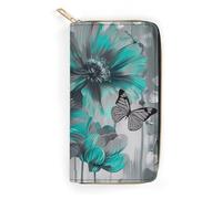 BBNMSJKS Gold And Black Marble Texture Print Long Wallet for Women Men PU Leather Card Holder Organizer with Zipper Coin Pocket & Cash Slots, Gray Teal Flower Butterfly, 19.7x10.5cm, Modern