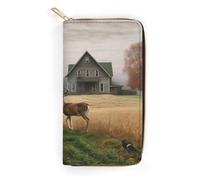 BBNMSJKS Pink Flamingos Print Long Wallet for Women Men PU Leather Card Holder Organizer with Zipper Coin Pocket & Cash Slots, Farm With Deer, 19.7x10.5cm, Modern