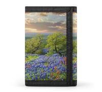 BBNMSJKS Rustic Stall Wooden Door Print Trifold Wallet with ID Window & Key Ring | Slim Front Pocket Wallet with 8 Card Holder, Texas Bluebonnets Scenery, One size, Modern