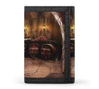 BBNMSJKS Rustic Stall Wooden Door Print Trifold Wallet with ID Window & Key Ring | Slim Front Pocket Wallet with 8 Card Holder, Red Wine Cellar, One size, Modern