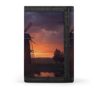 BBNMSJKS Space Spiral Cosmic Energy Print Trifold Wallet with ID Window & Key Ring | Slim Front Pocket Wallet with 8 Card Holder, Sunset Windmill, One size, Modern