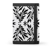 BBNMSJKS Sweet Basset Hound Florals Print Trifold Wallet with ID Window & Key Ring | Slim Front Pocket Wallet with 8 Card Holder, Black and White Leaves, One size, Modern