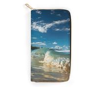 BBNMSJKS Tropical Banana Palm Leaves Print Long Wallet for Women Men PU Leather Card Holder Organizer with Zipper Coin Pocket & Cash Slots, Sunny Wave Beach, 19.7x10.5cm, Modern
