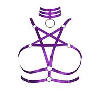 BBOHSS Women's Body Harness Pentagram Fashion Bra Lingerie Cage Belt Plus Size Elastic Punk Gothic Carnival Halloween Dance Costume, purple, UK 14