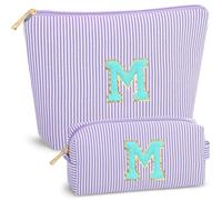 BBORGDC Initial Makeup Bag Set for Women, 2PCS Pink Striped Cosmetic Bags with Letter Patch, Purple Striped - M, Fashionable Casual