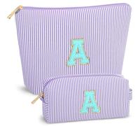 BBORGDC Initial Makeup Bag Set for Women, 2PCS Pink Striped Cosmetic Bags with Letter Patch, Purple Striped - A, Fashionable Casual