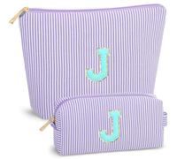 BBORGDC Initial Makeup Bag Set for Women, 2PCS Pink Striped Cosmetic Bags with Letter Patch, Purple Striped - J, Fashionable Casual