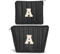 BBORGDC Initial Makeup Bag Set for Women, Chenille Letter A Cosmetic Pouch Set, Black, Letter-a