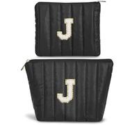BBORGDC Initial Makeup Bag Set for Women, Chenille Letter A Cosmetic Pouch Set, Black, Letter-j