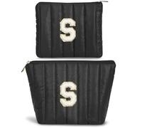 BBORGDC Initial Makeup Bag Set for Women, Chenille Letter A Cosmetic Pouch Set, Black, Letter-s