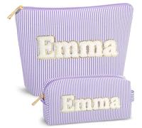 BBORGDC Name Makeup Bag Set for Women, 2PCS Purple Striped Cosmetic Bags with Full Name Patch, Pre-Made Personalized Makeup Pouch, Travel Toiletry Bag Gift for Teen Girls & Women