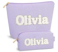 BBORGDC Name Makeup Bag Set for Women, 2PCS Purple Striped Cosmetic Bags with Full Name Patch, Pre-Made Personalized Makeup Pouch, Travel Toiletry Bag Gift for Teen Girls & Women