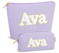 BBORGDC Name Makeup Bag Set for Women, 2PCS Purple Striped Cosmetic Bags with Full Name Patch, Pre-Made Personalized Makeup Pouch, Travel Toiletry Bag Gift for Teen Girls & Women