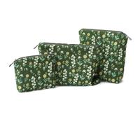 BBORGDC Women's Makeup Bag Set 3-Piece, Green Floral Linen-Cotton Travel Organizer, Small Boho Cosmetic Pouches for Daily Commute Walking, Original Design Gifts for Girls Birthday