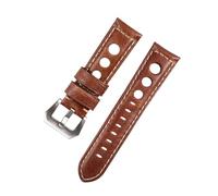 BBPLWEEA YingYou Genuine Leather Watch Strap Vintage Brown Black 20mm 22mm 24mm Watch Belt For Man Three Holes Breathable Soft Watch Band Leather(Brown-silver,24mm)