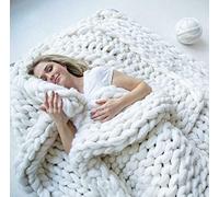 BBPM Chunky Knit Blanket Throw Soft White Crochet Merino Wool Throw Blanket Handmade Cozy Cable Knit Throw Blanket Boho Bedroom Decor Fluffy Knot Blanket for Couch Bed,White,100x120cm/39x47in