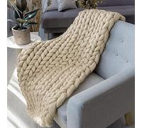 BBPM Chunky Knit Throw Blanket 100% Hand Made Large Merino Wool Loop Yarn Soft Fluffy Throws for Couch Sofa Bed Big Crochet Cozy Heavy Thick Cable Woven Blanket,Beige,60x80cm/23x31in