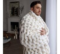 BBPM Chunky Knitted Blanket, Wool Blanket Knitted Blanket Bedspread Throw Handmade Pet Bed Chair Sofa Super Big Arm Knit Blanket Bulky Home Decor Gift,White,50x50cm/19x19in